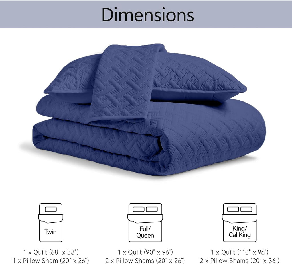 King Quilt Set - Soft Navy Blue Quilts Lightweight Microfiber Bedspread - Classic Basket Weave Pattern Bedspreads