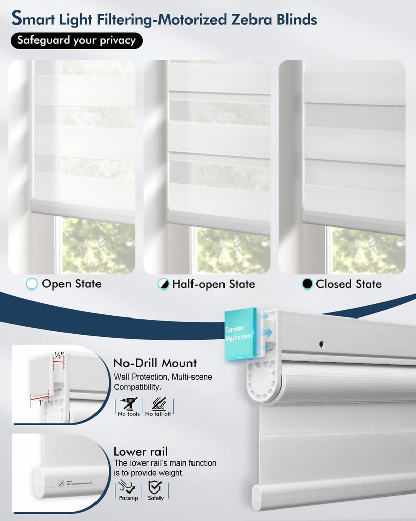No Drill Motorized Zebra Blinds with Remote,Cordless Shades Dual Layer,Thermal Insulated Upgraded Shades(White,34.5"