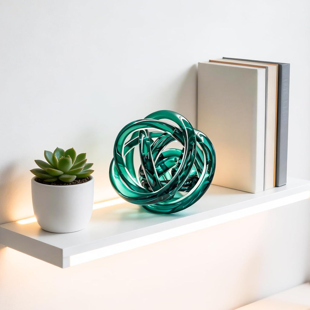 Glass Knot Teal Decor Ball - 5 Inch Hand Blown Infinity Sculpture Orbit Home Decor Table Decoration Interio Art