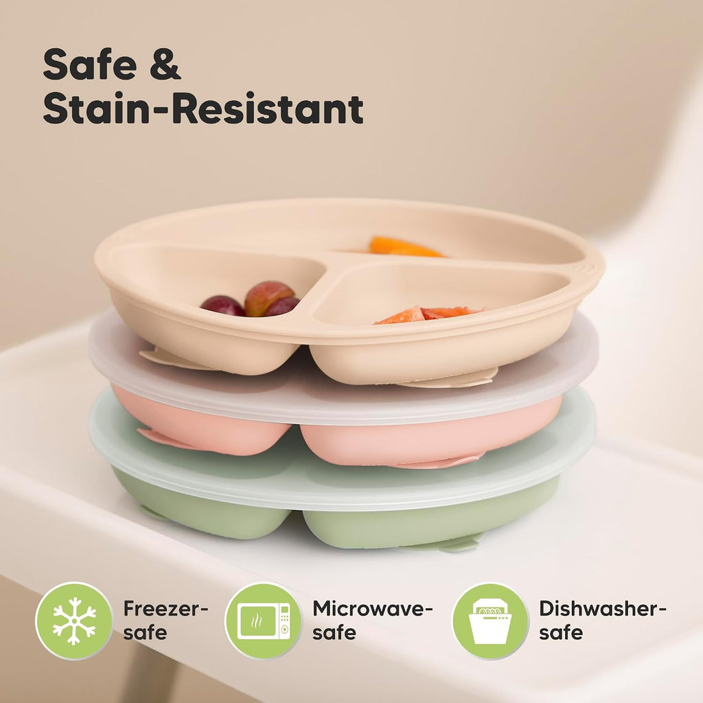 Suction Plates with Lids for Baby, 3pk, BPA-Free Silicone,Macaron