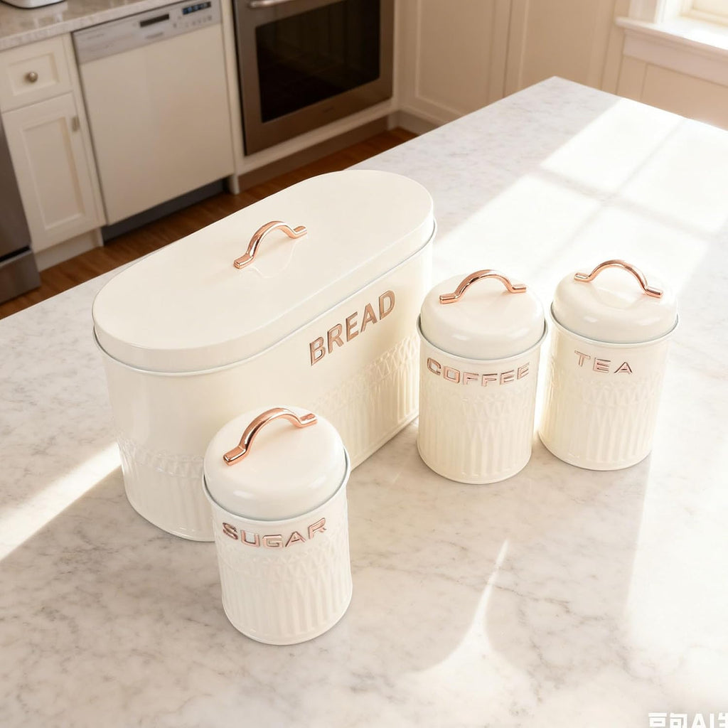 Kitchen Canister Set with Bread Box for Countertop, 4PC Iron Coffee Tea Sugar Canisters Storage with Lid, Airtight