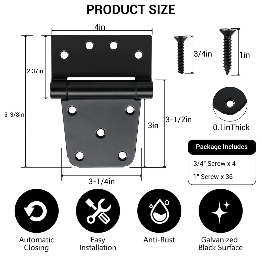 3-1/2 Inch Self Closing Gate Hinges, Spring T Hinges, Black, 4 Pack