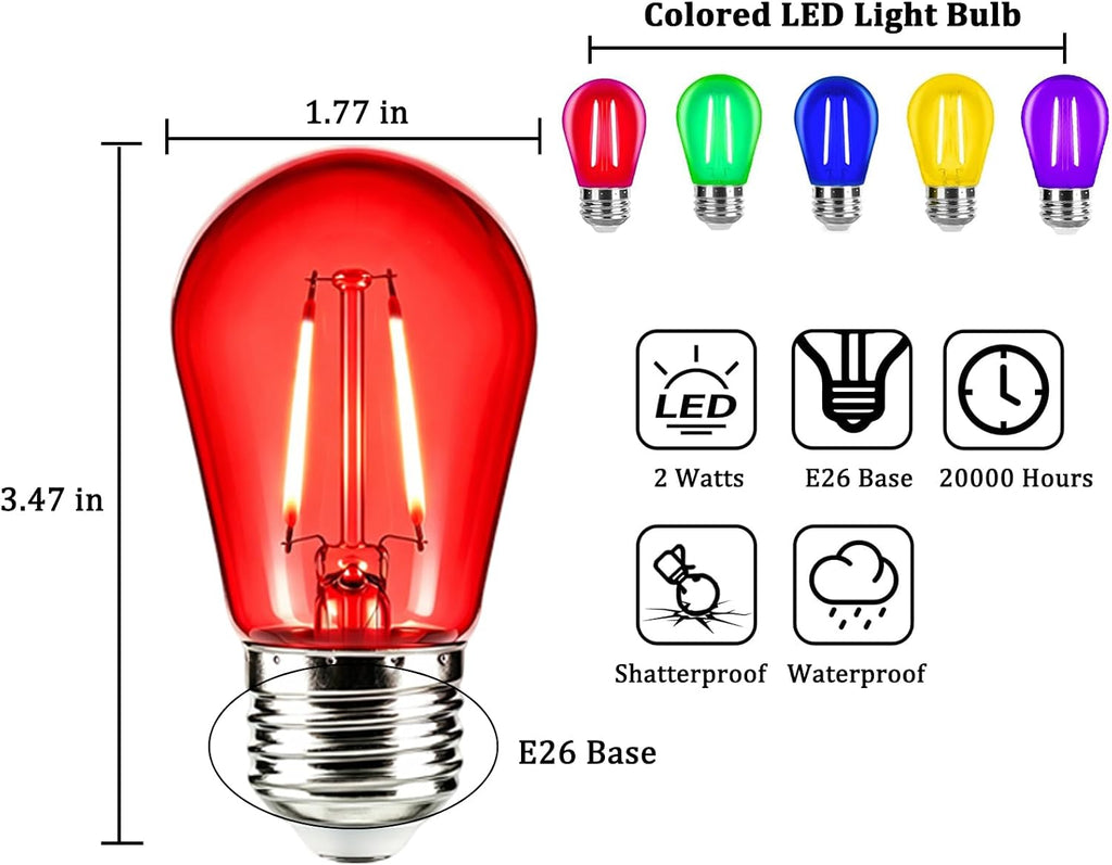 2 Watt S14 Red Blue Green Yellow Purple Light Bulb LED Replacement Bulbs