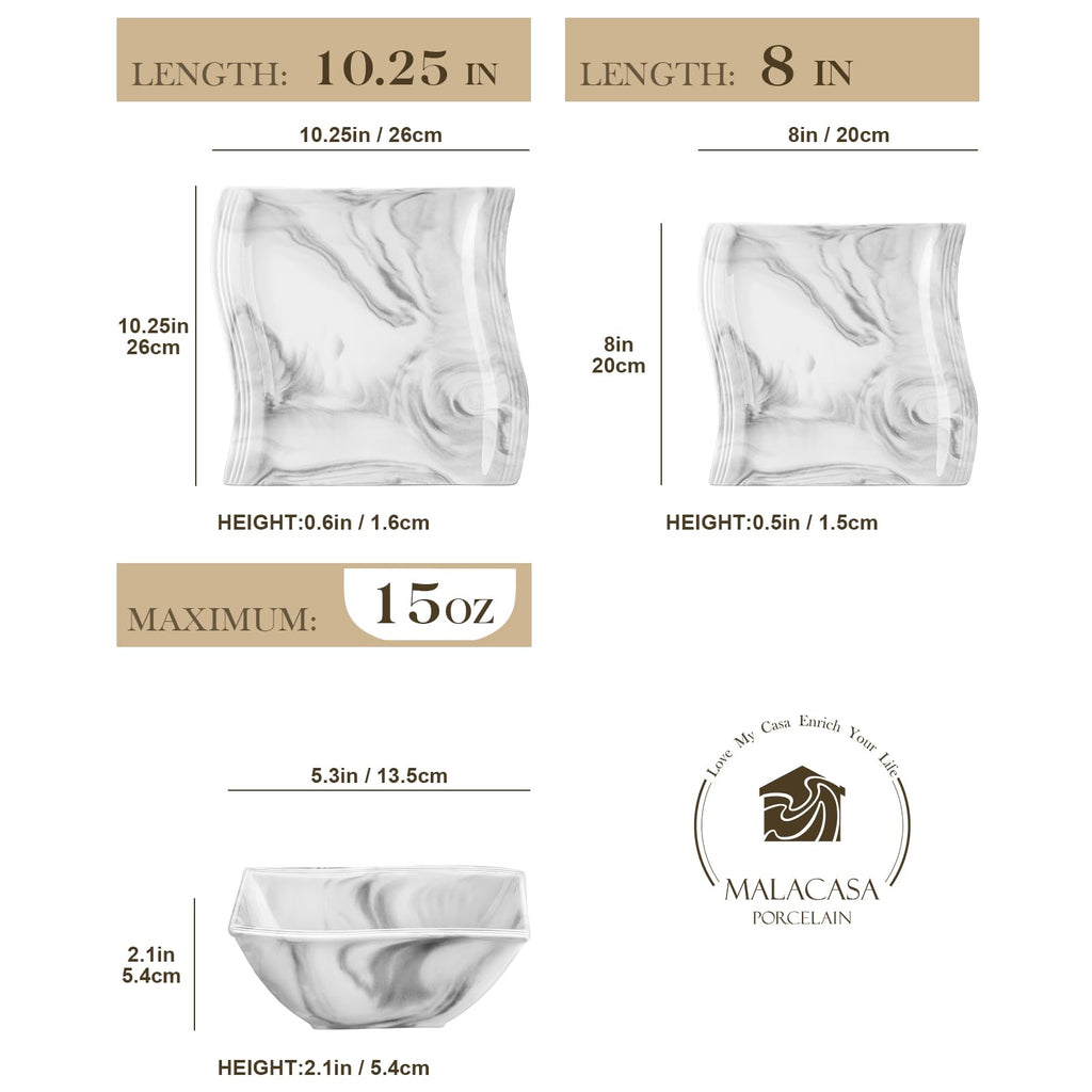 Plates and Bowls Set, 12-Piece Modern Porcelain Dinnerware for 4, Marble Square Ceramic Dish Set, Microwave and