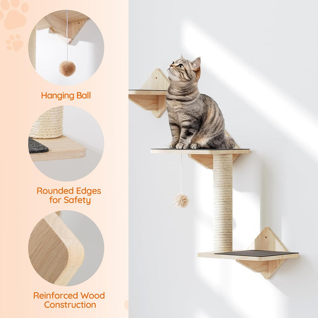 Wood Cat Wall Shelves, Set of 5 Cat Wall Mounted Furniture, Climbing Shelves with House, Steps, Scratching Post