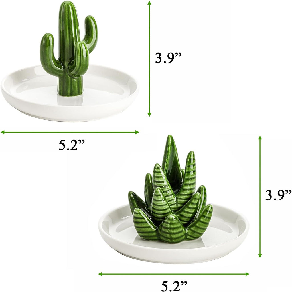 Ceramic Ring Holder Dish, Decorative Round Jewelry Display Trays, Aloe & Cactus Small Trinket Plate, Gift - Set of 2