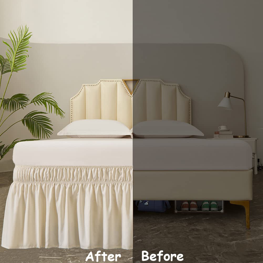 Wrap Around Elastic Bed Skirt for Twin & Full Beds, 14" Drop, Beige