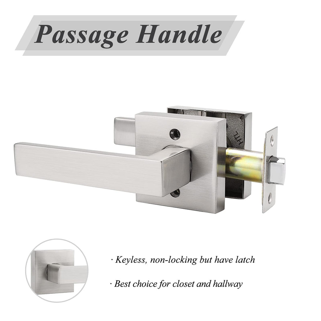 Square Brushed Nickel Passage Door Handles, Interior Non-Locking for Hall & Closet, Heavy Duty Zinc Alloy Reversible