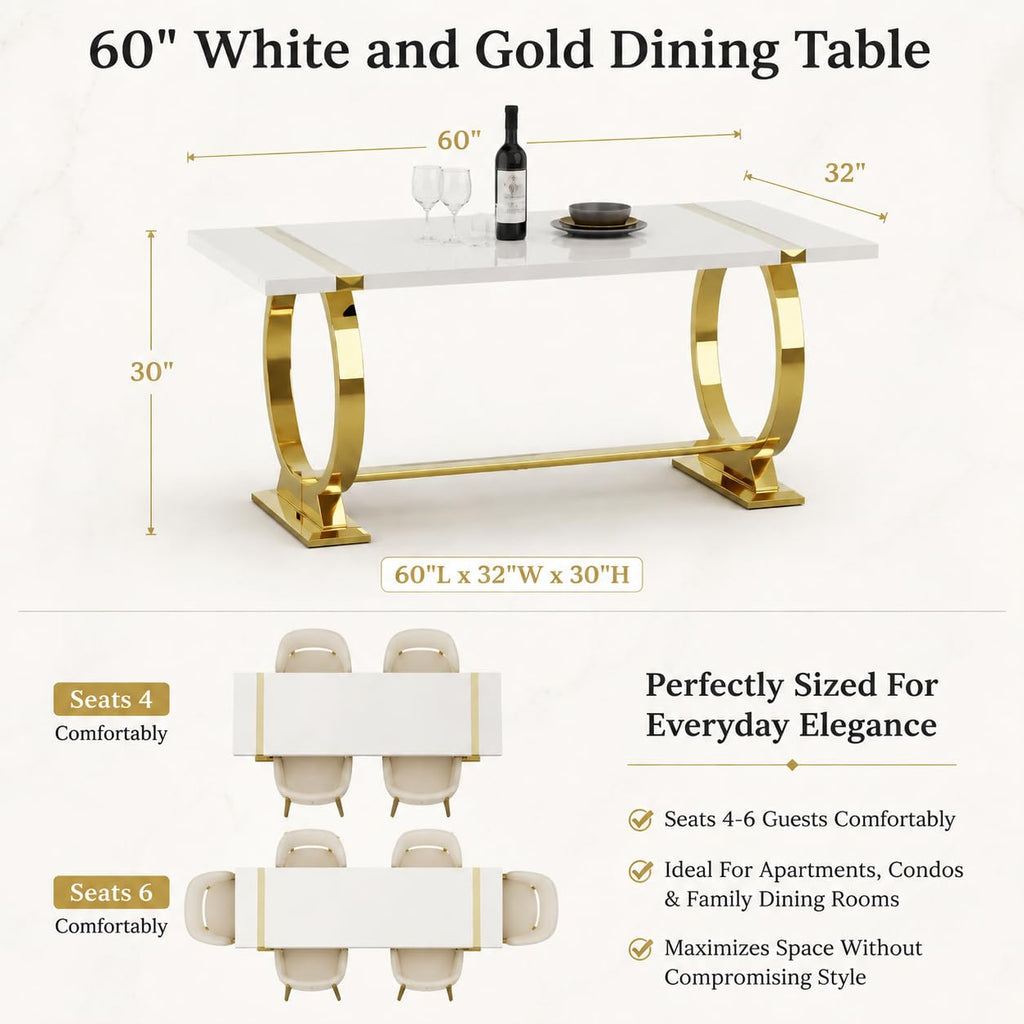 60" White and Gold Dining Table with Stainless Steel U-Base for 4-6