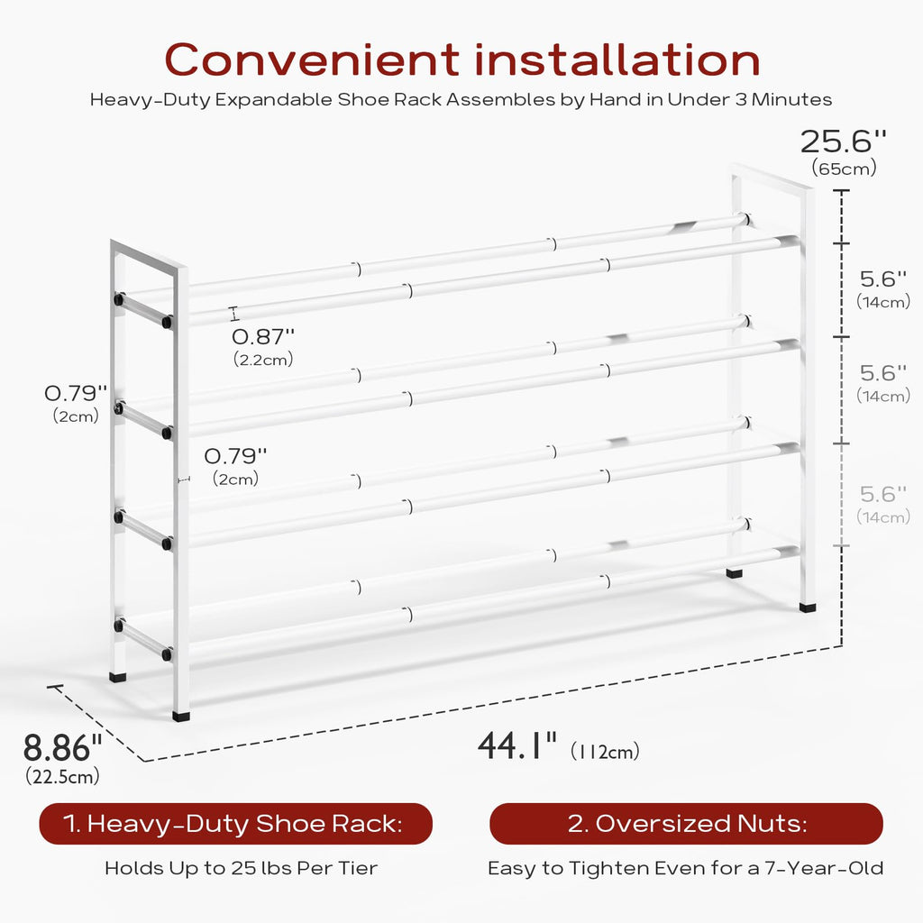 4 Tier Long Expandable Shoe Rack for Closet, White