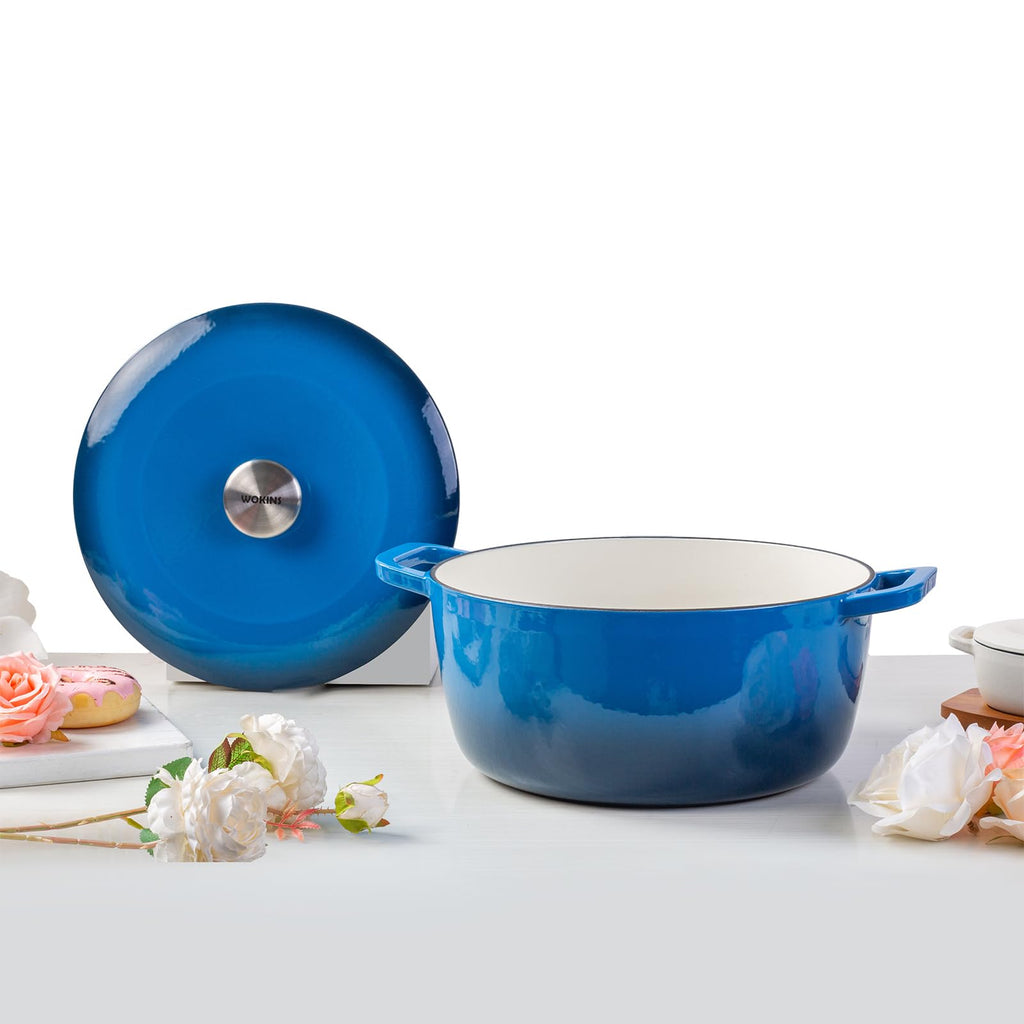 5QT Enameled Cast Iron Dutch Oven, Concave Self-Basting Lid, Blue