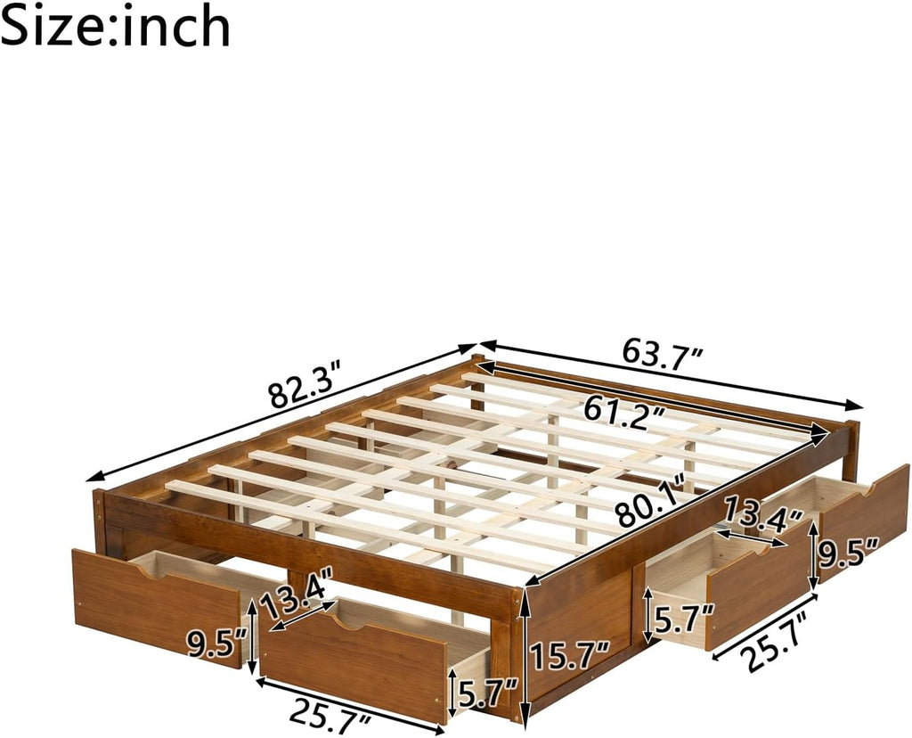 Japanese Platform Bed with 6 Storage Drawers, No Headboard (Walnut, Queen)