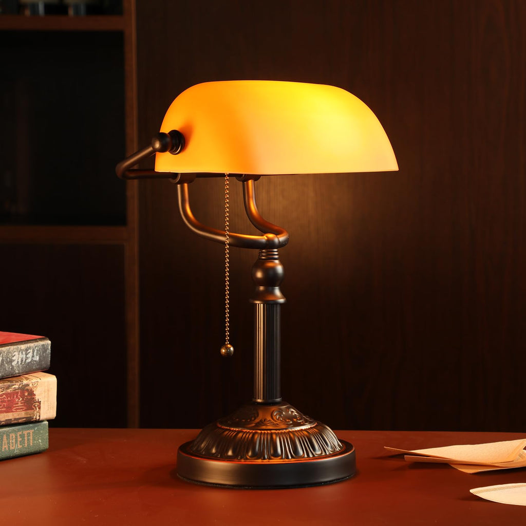 Amber Glass Bankers Desk Lamp with Pull Chain, E26 Base