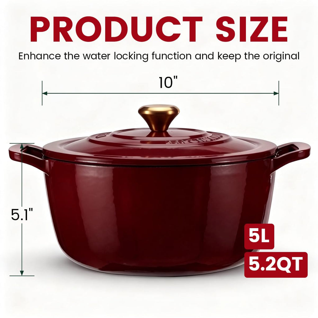 Enameled Cast Iron Dutch Oven 5 Qt with Lid, Red