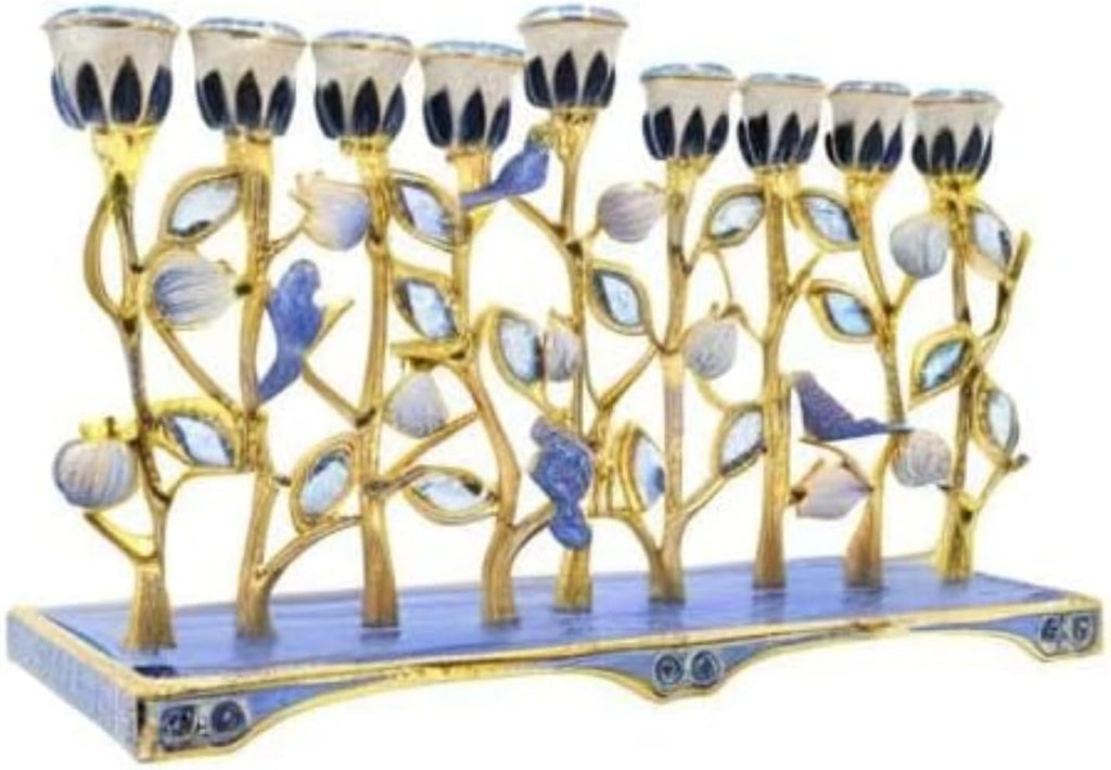 Hanukkah Enamel Pomegranate & Blue Bird Design, Hand-Painted Enameled Metal This Ornate 9 Branch Measures 12" High X