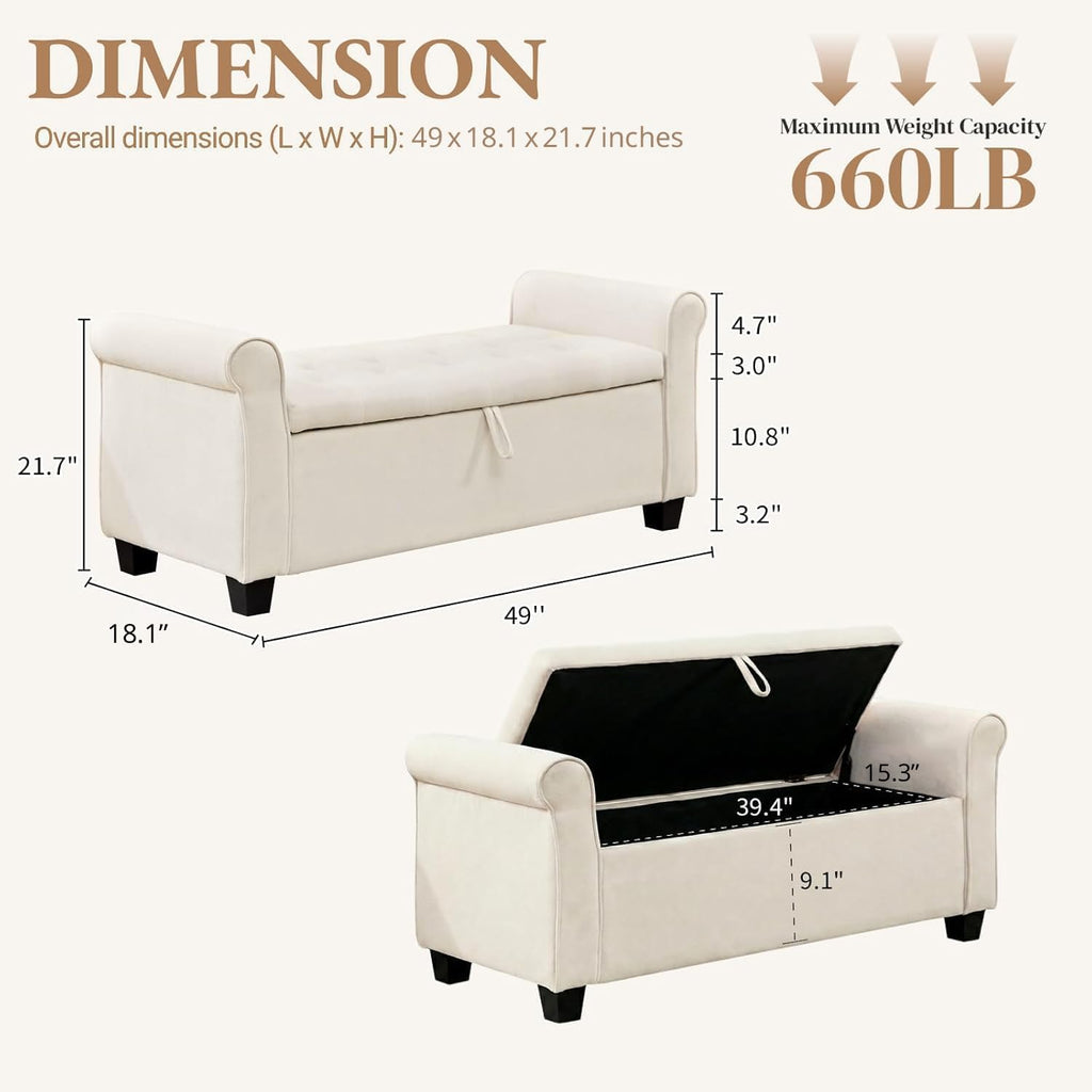 49" End of Bed Storage Bench , Upholstered Storage Ottoman | Easy Assembly with Instructions, Pet Friendly, Polyester
