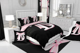 Jejeloiu Kids Girls Black Pink Bow Comforter Set with Sheets Queen Monogrammed 7 Piece Bedding Set Personalized