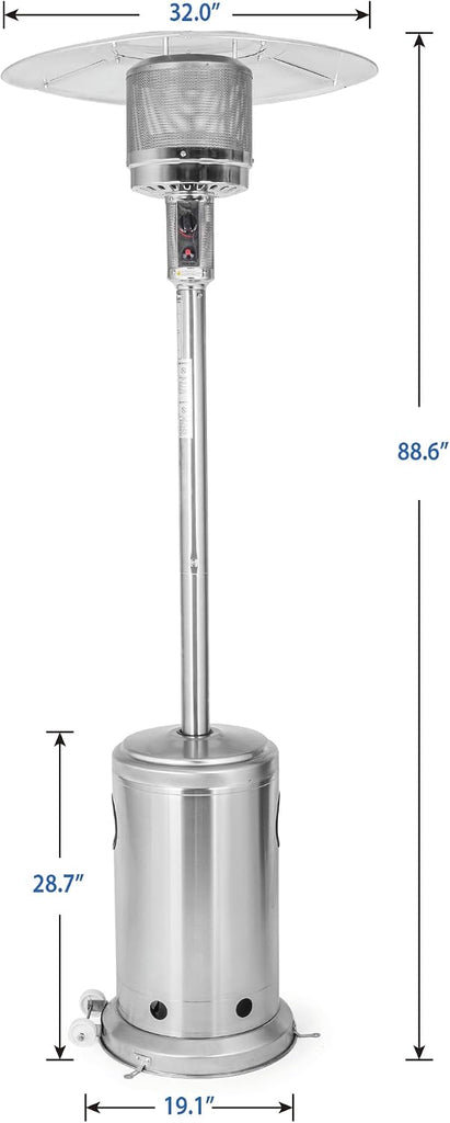 Propane Patio Heater 46,000 BTU with Stainless Steel Design and Wheels Ideal for Backyard, Garden