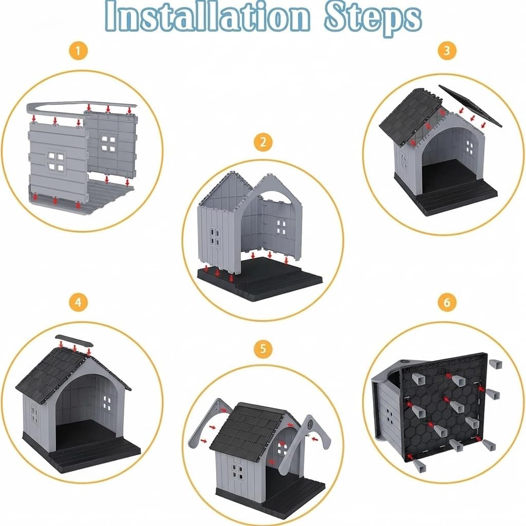 Large Dog House Outdoor, Plastic Weatherproof Dog House with Elevated Floor and Open Front, Easy to Clean & Assemble