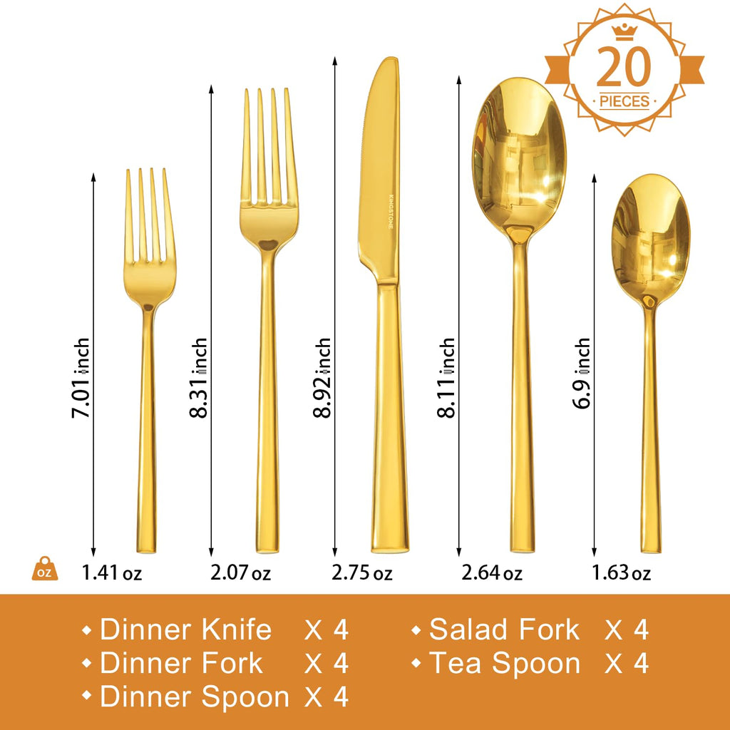 Gold Silverware Set for 4, 20-Piece Stainless Steel Flatware Cutlery Set