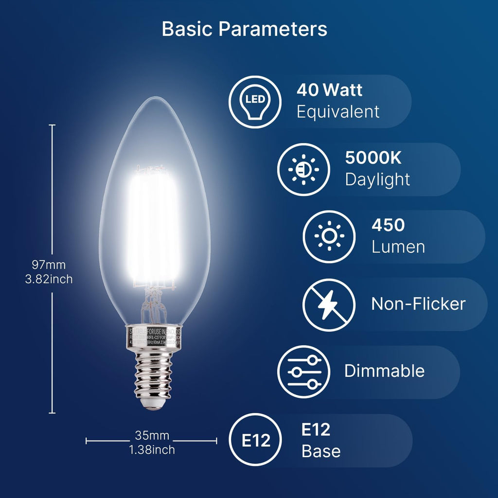 5000K Daylight B10 Dimmable LED E12 Candelabra Bulbs, 40W Equivalent LED Chandelier Light Bulbs, 450LM, Clear Glass