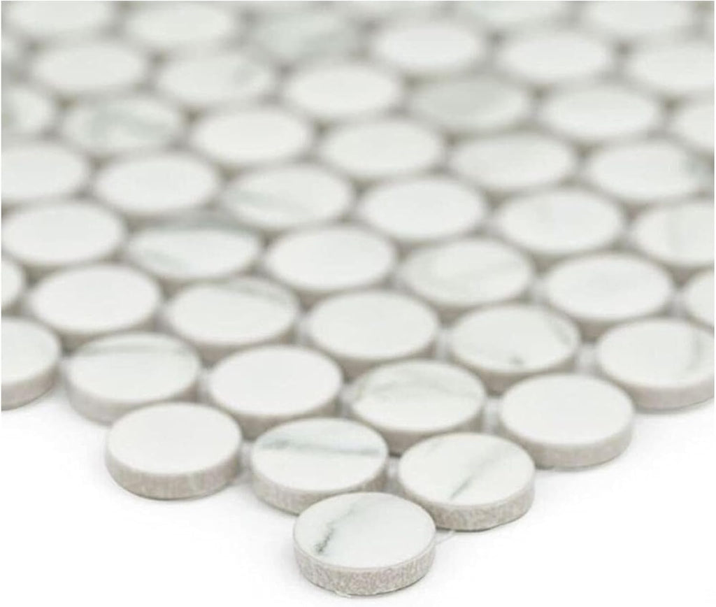 Waterproof White Porcelain Penny Round - Matte Marble Pattern Mosaic - Durable Kitchen Backsplash & Bathroom Floor