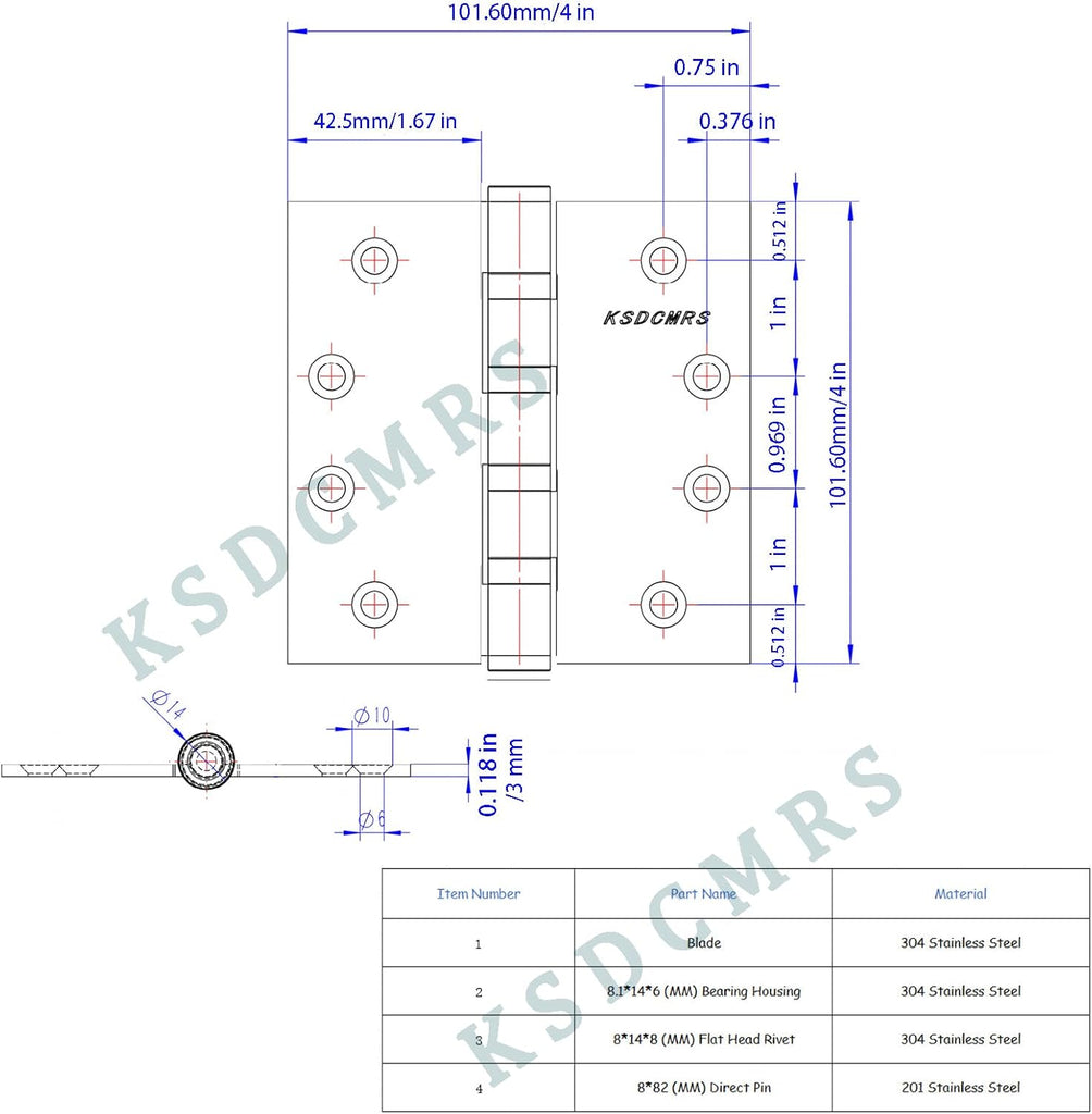 Stainless Steel Matte Black 4 inch Door Hinges,Interior Door Hinge，Heavy Duty Exterior Door Hinges，Ball Bearing