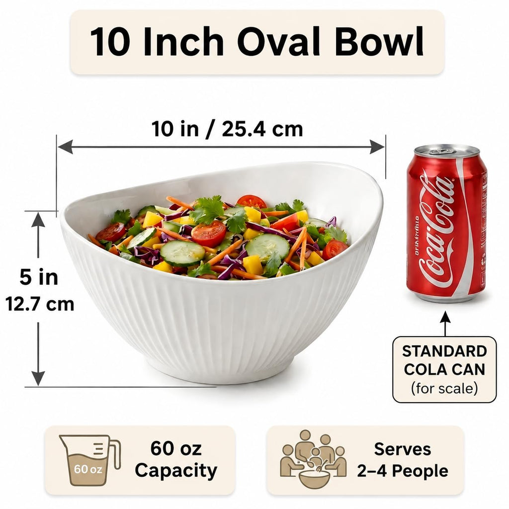 60oz Large Ceramic Salad Bowl with Acacia Wood Utensils, 10" Oval White Serving Bowl for Soup, Pasta, Fruit, Snacks
