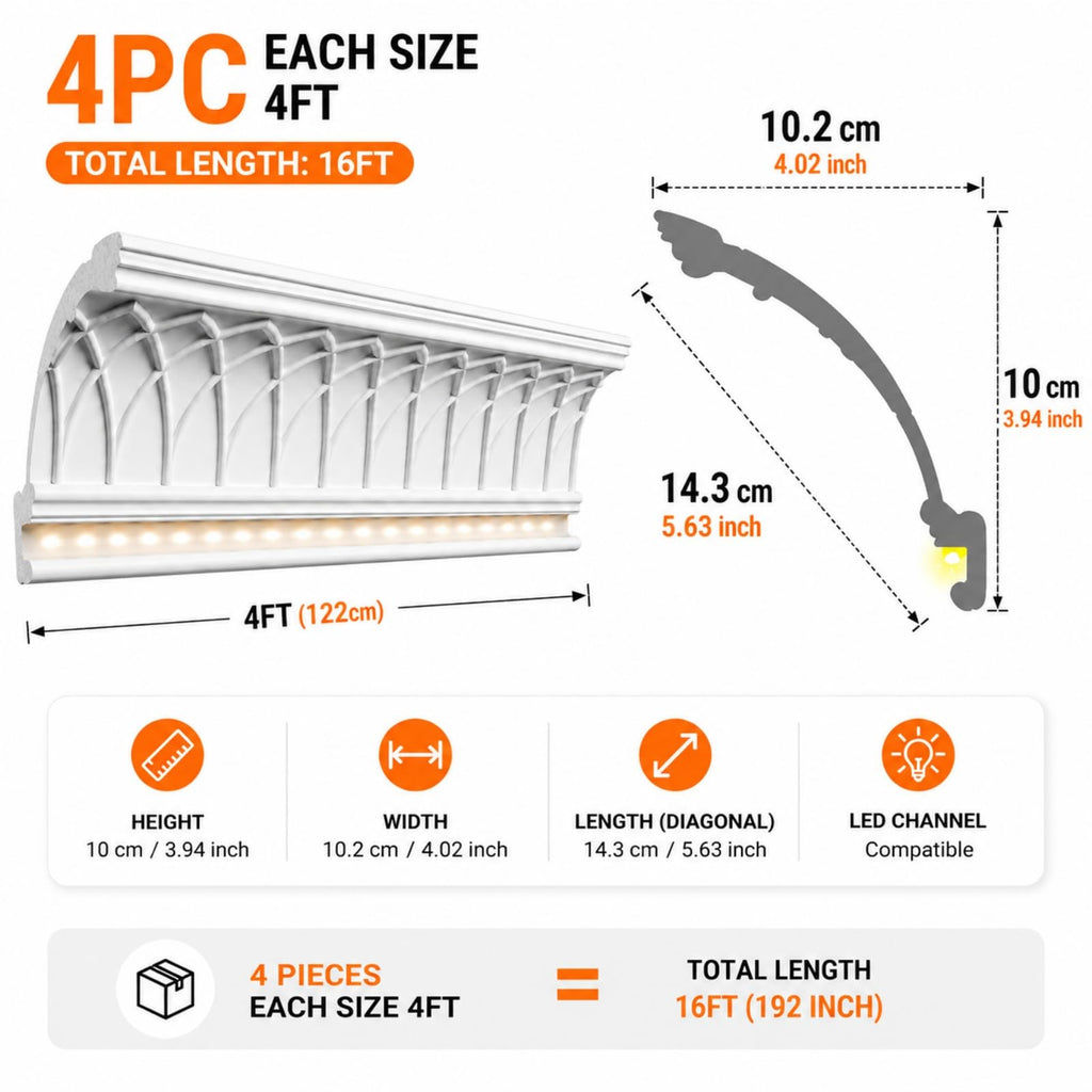 4 Pcs LED Crown Molding, 47.2" Ceiling Trim with Hidden LED Channel