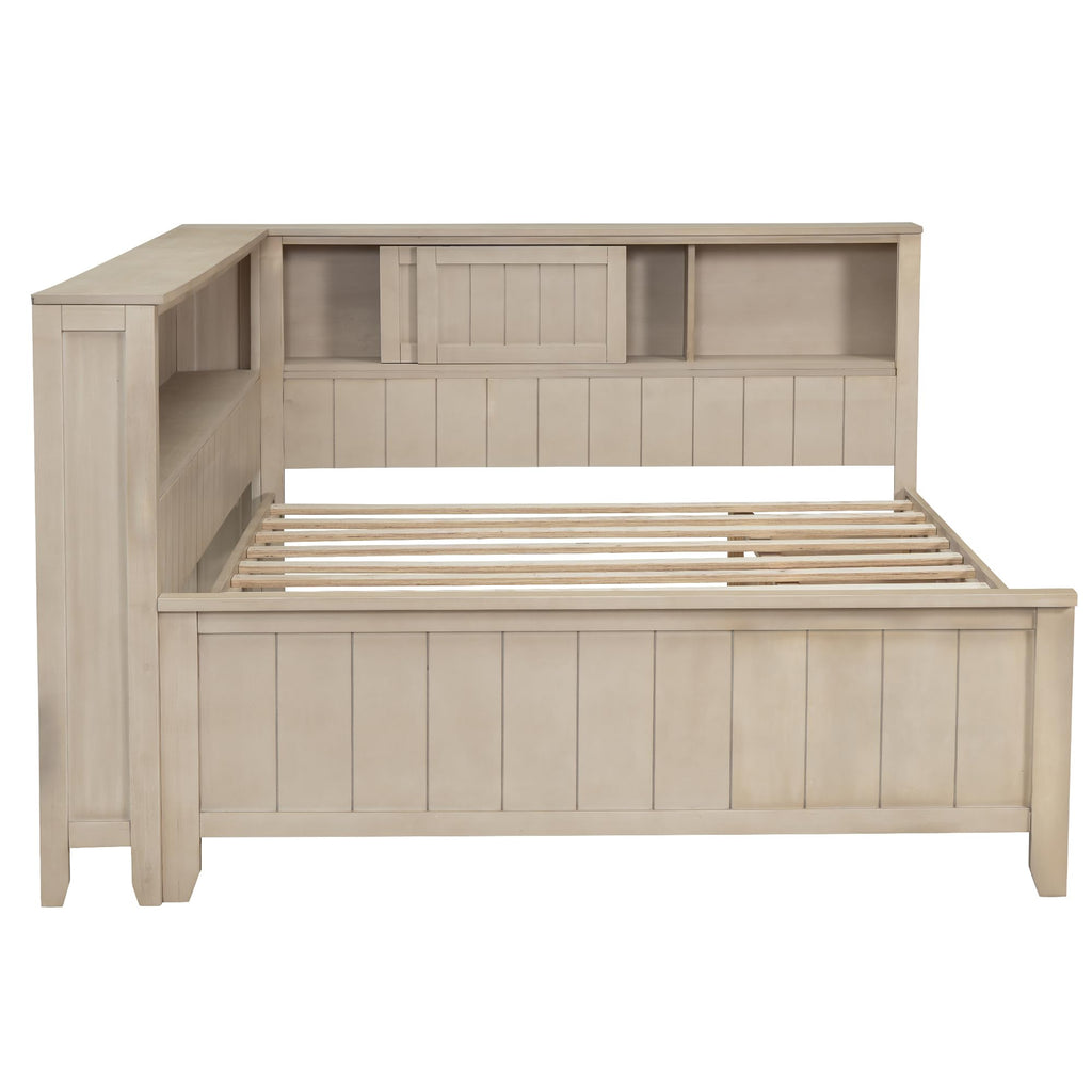Corner Bed Frame with Bookcase Storage, Wood Platform Bed Frame with 3 Drawers, Daybed with Storage