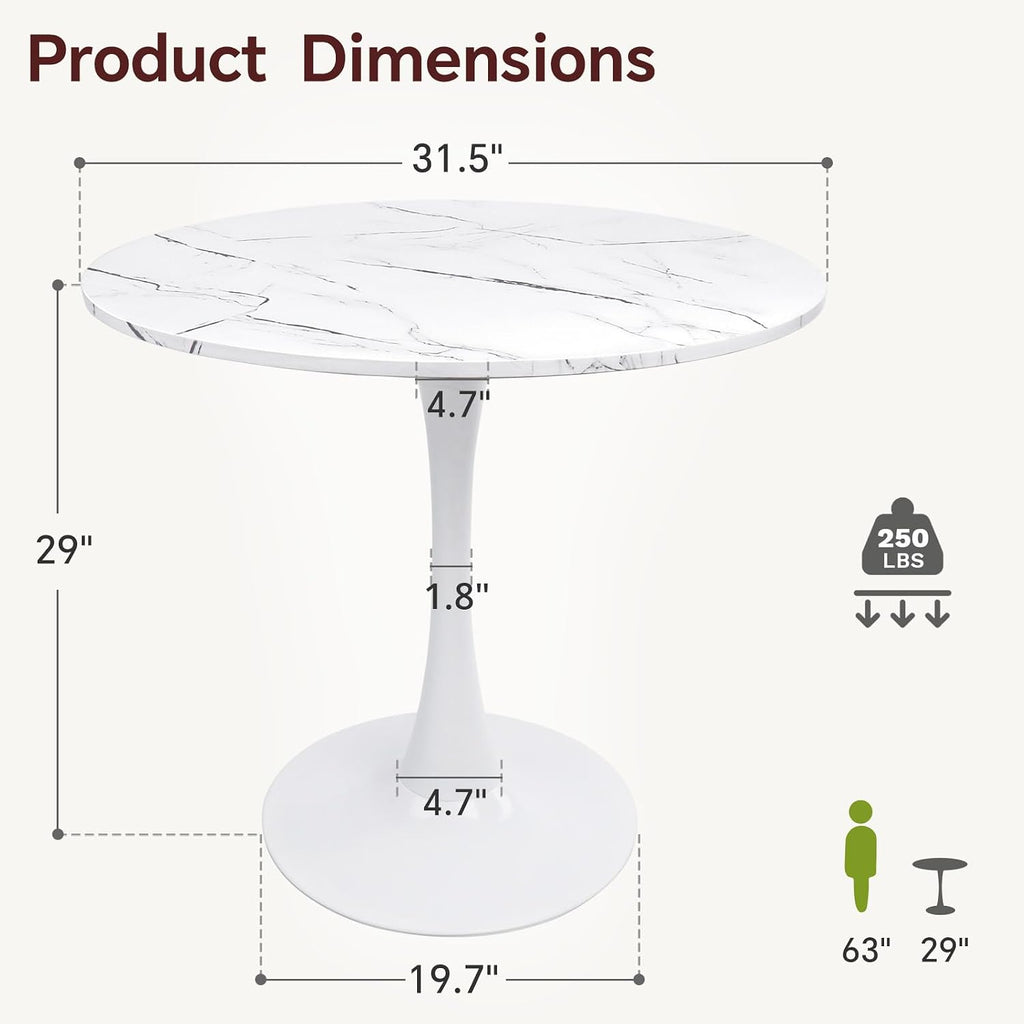 Inspired Saarinen Style Tulip Round Pedestal Dining Table — Marble White, 31.5″ Round