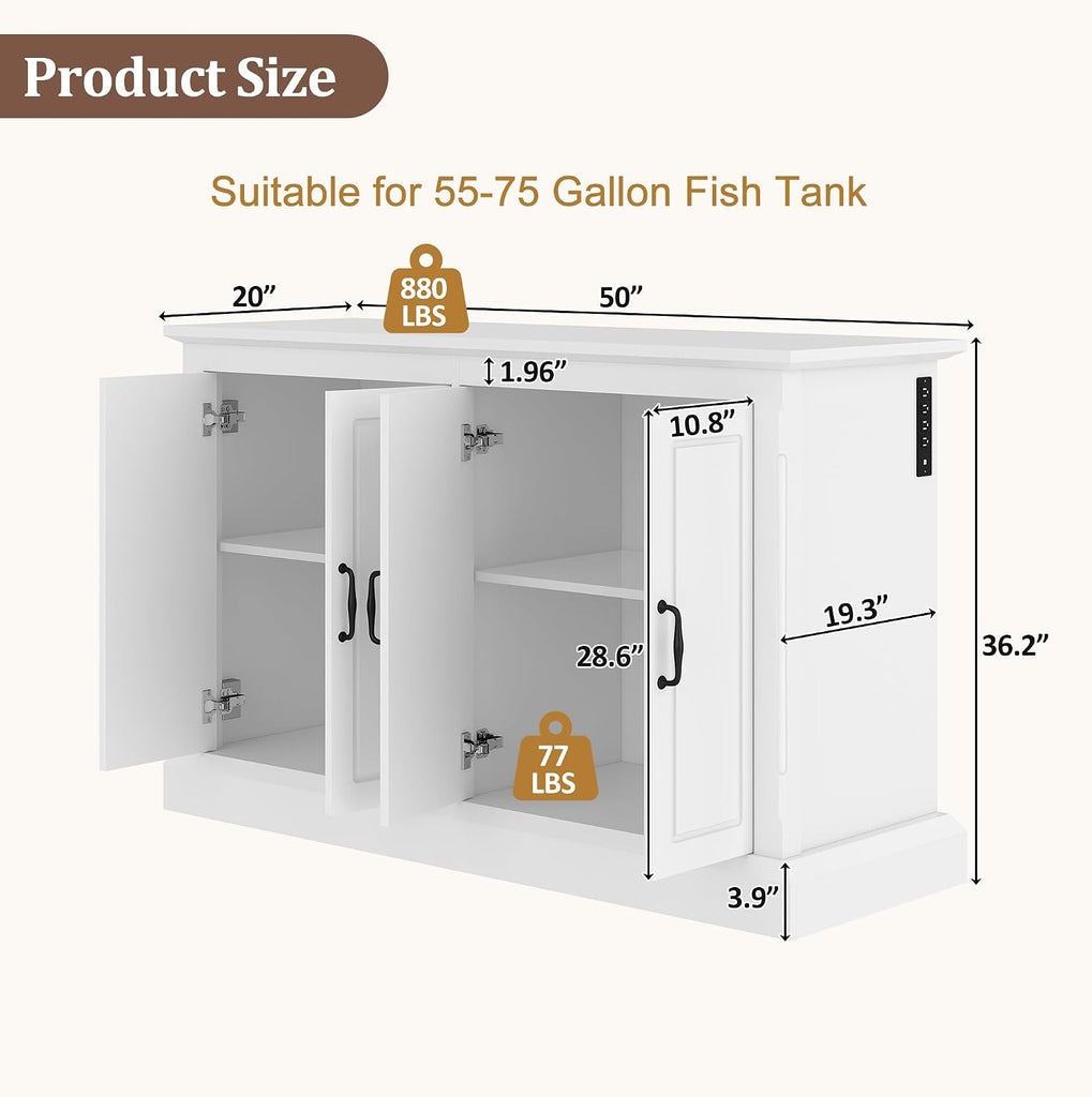 55-75 Gallon Fish Tank Stand, 880LBS Capacity, Built-in Charging Station & Power Outlets, 4 Cabinets, Storage Drawer