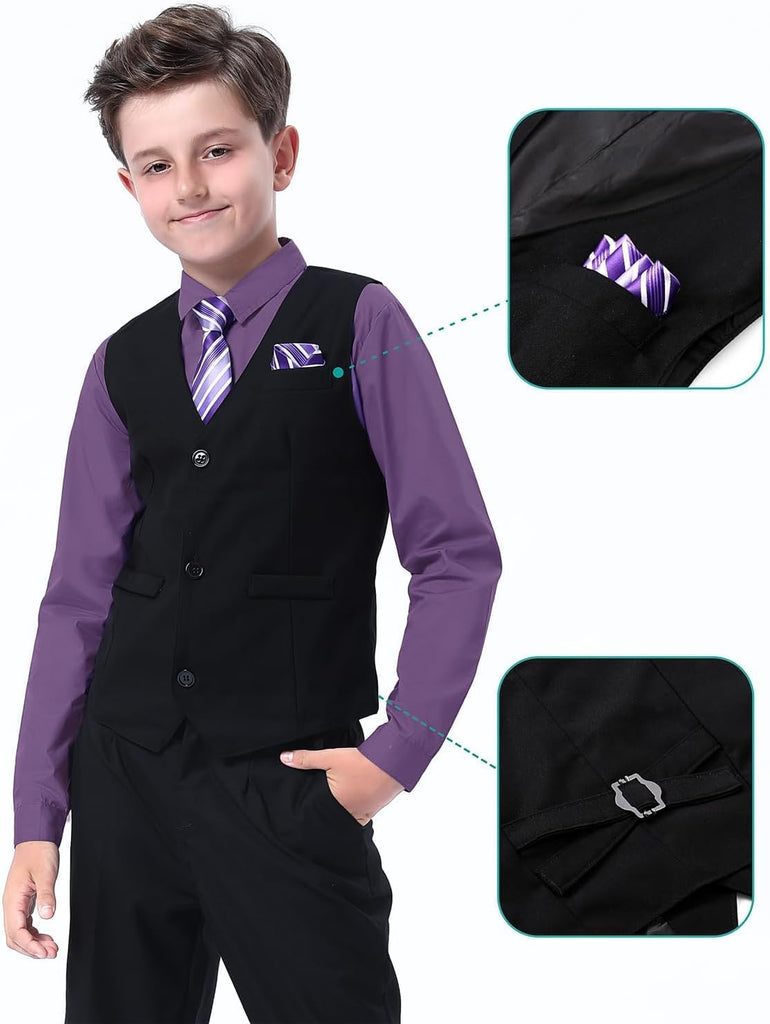 Boys 6 Piece Suit Shirt Vest Pant Pre-Tie Bowtie Pocket Square