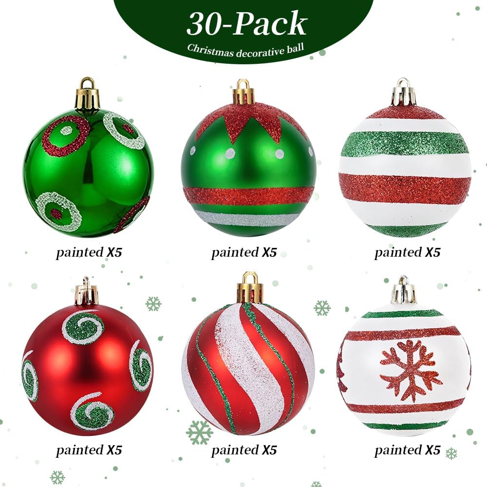 Christmas Ball Ornaments Set, Shatterproof Christmas Tree Decorations, 2.36 Inch Holiday Ornaments Decor - Set of 30