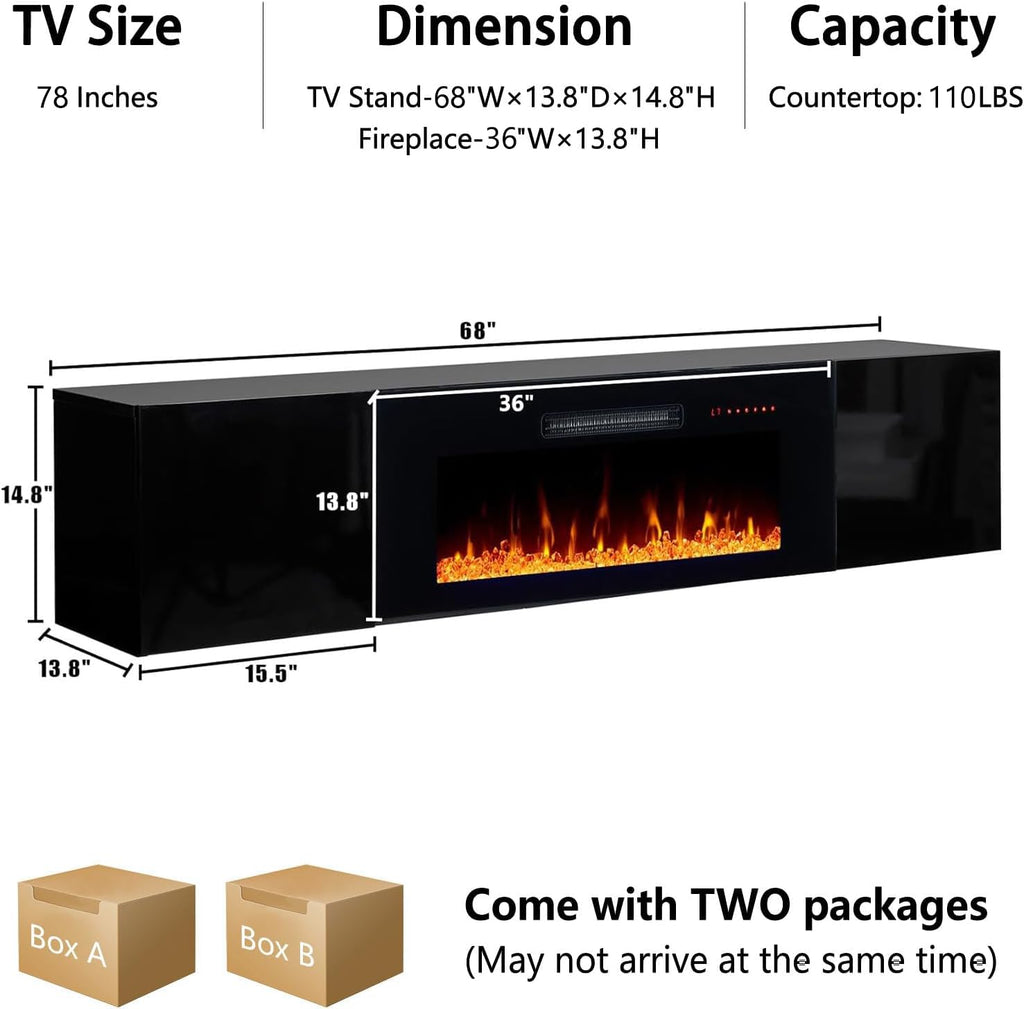 68" Floating TV Stand with 36" Electric Fireplace & LED Lights