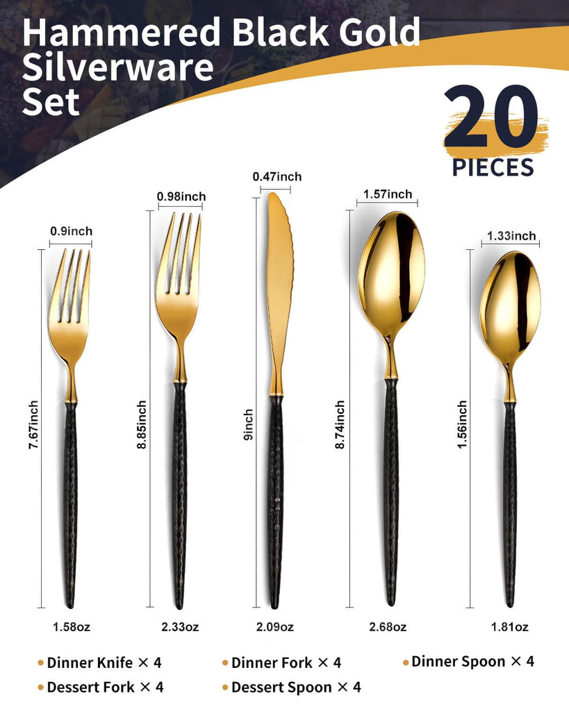20-Piece Hammered Black Gold Silverware Set,18/10 Stainless Steel Forging Heavy Duty Cutlery Set for 4, Luxury Unique