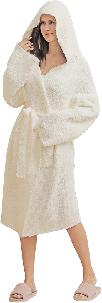 Plush Hooded Bath Robe Women's Loungewear Sleep Robe Indoor Outfit