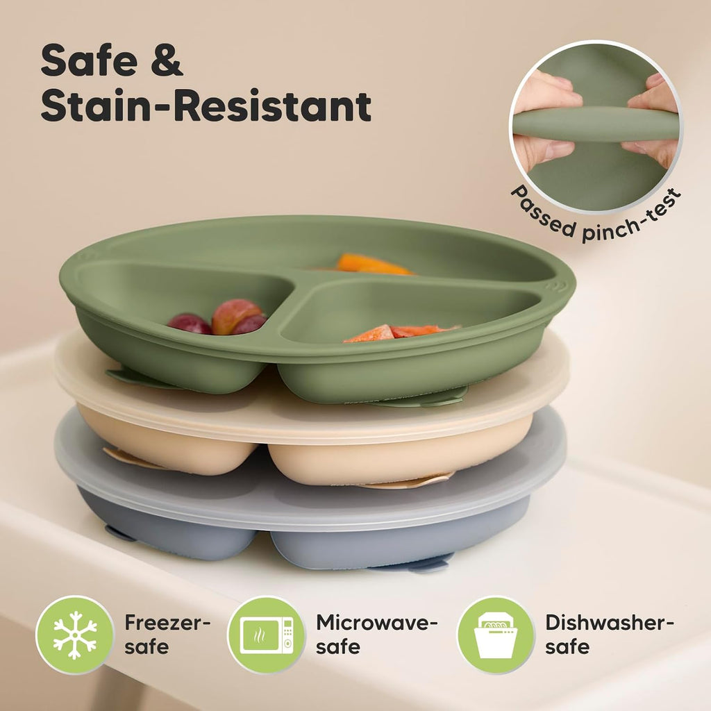 Suction Plates with Lids for Baby, 3pk, BPA-Free Silicone, Slate