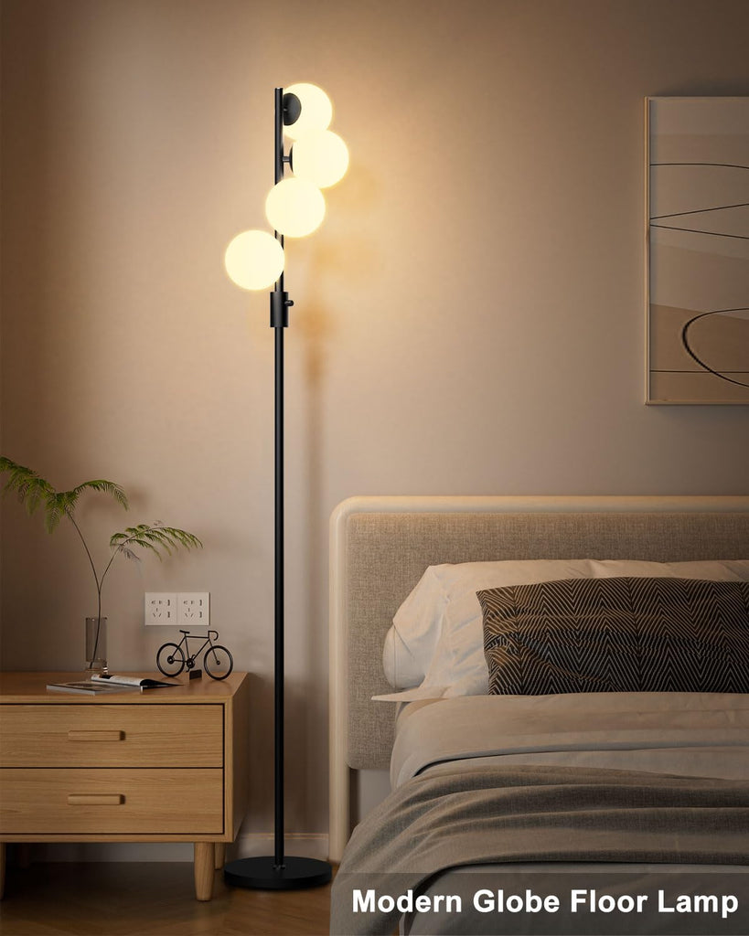 64IN Dimmable Globe Floor Lamp, Black Standing Lamps with 4PCS 3000K Bulbs Included, Mid Century Modern Floor Lamp