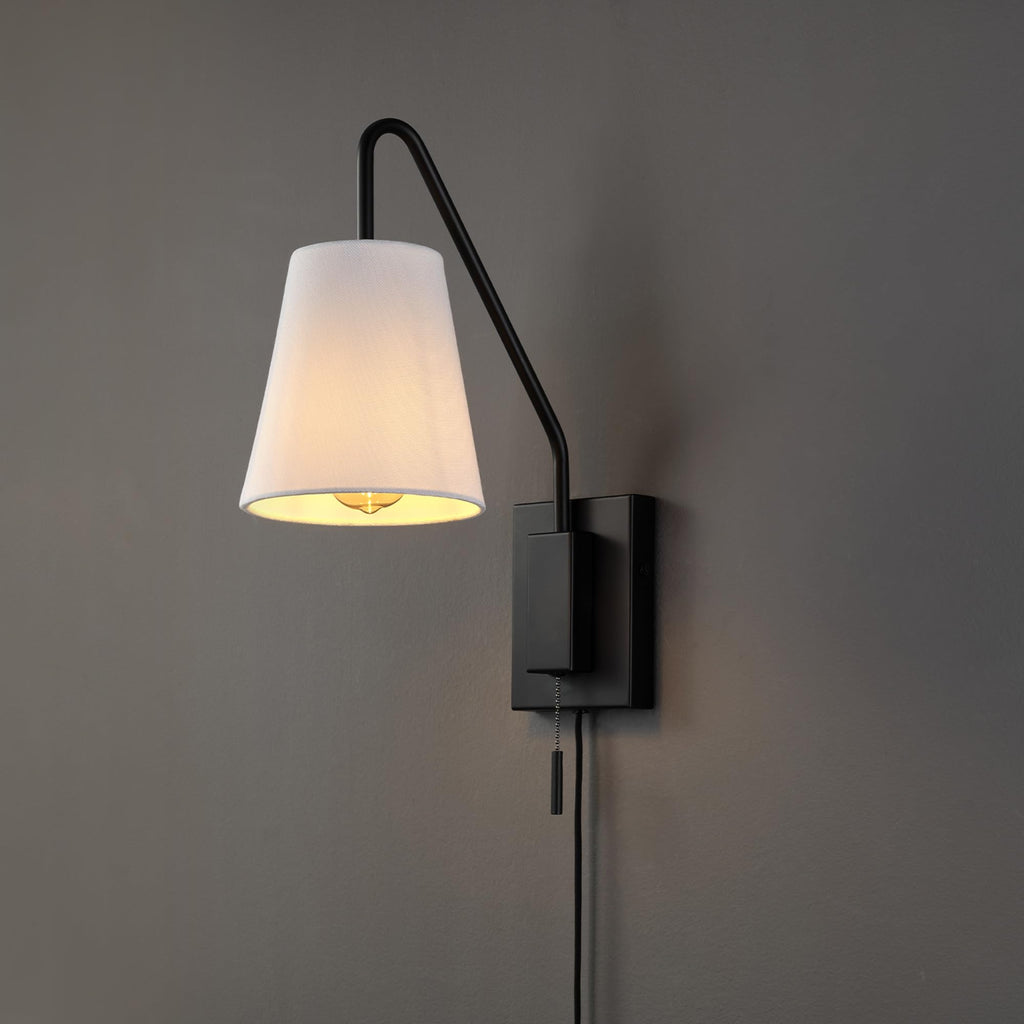 Matte Black Swing Arm Plug-in or Hardwire Wall Sconce with White Fabric Shade