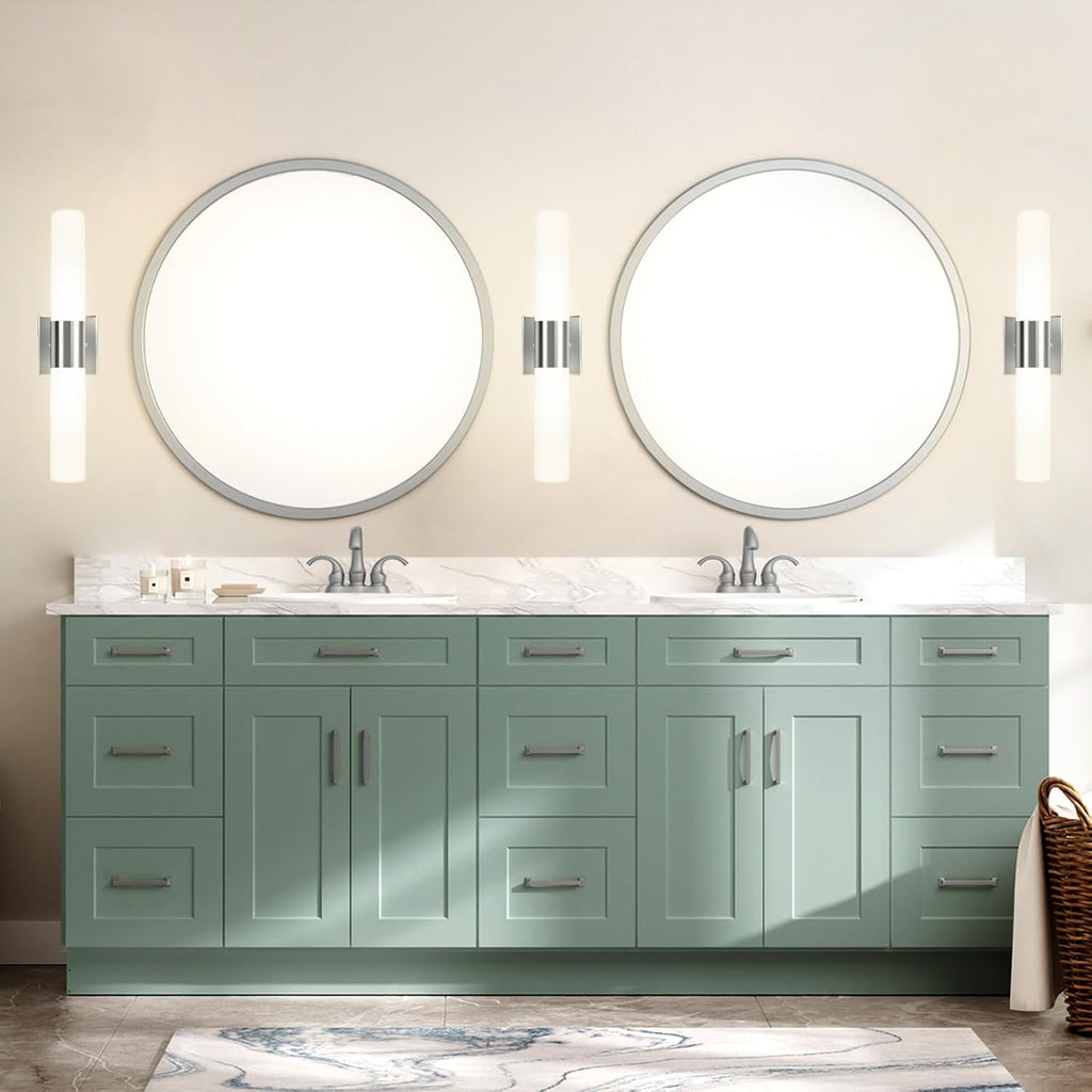 Wall Sconces Set of Two, Modern 21" Vanity, Frosted Glass, Silver | Indoor Wall Light Fixture. , Mirror, Bedroom