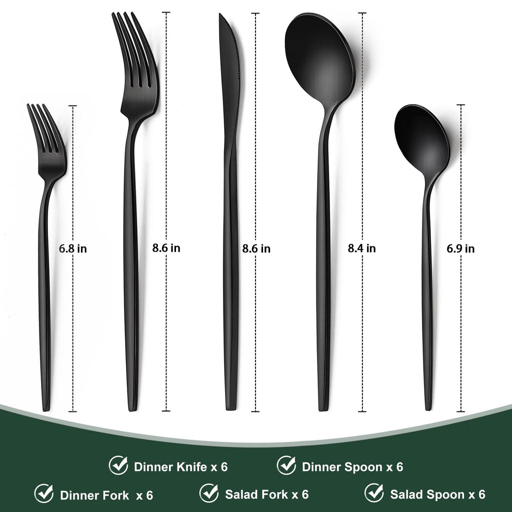 Matte Black Silverware Set 30 Piece, Stainless Steel Flatware Set Service for 6, Cutlery Utensil Sets Restaurant