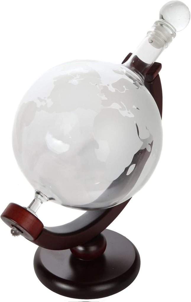 World Globe Whiskey Decanter with Dark Finished Wood Stand, Bar Funnel, and 2 Matching Glasses (850 ml)