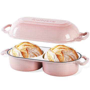 Cast Iron Double Dutch Oven, Mini Enamel Sourdough Bread Pan with Lid, Pink