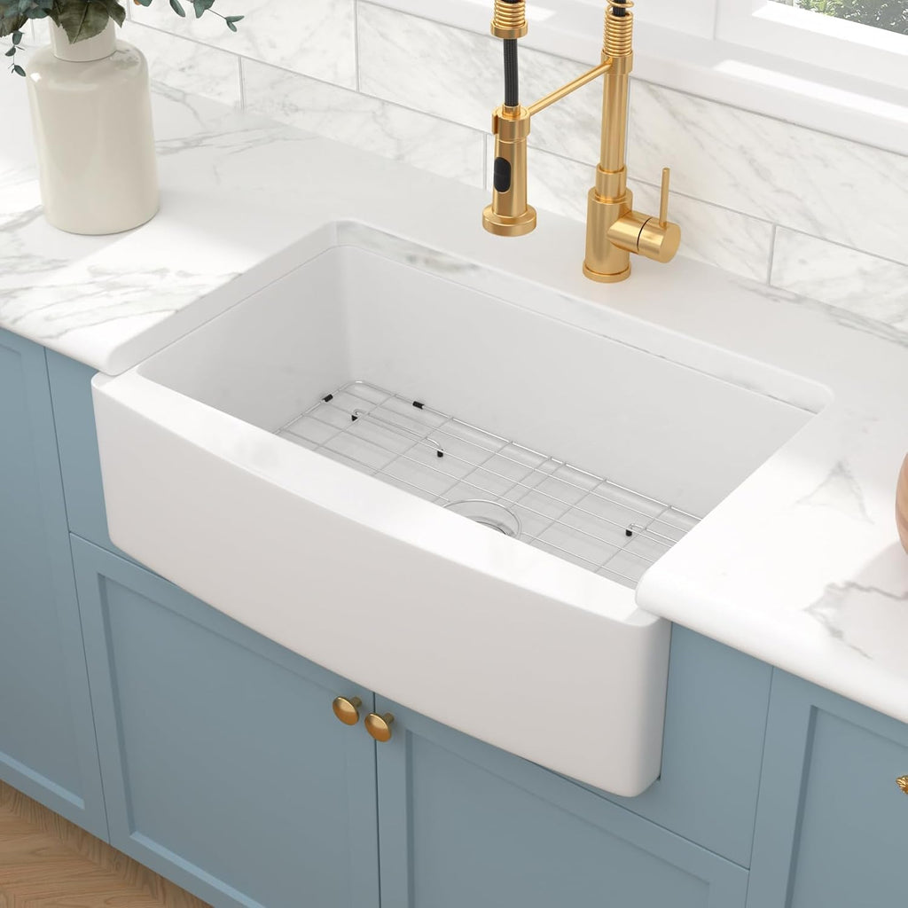 33 White Farmhouse Sink - 33 Inch White Kitchen Sink Curved Apron Front Ceramic Porcelain Fireclay Single Bowl Farm