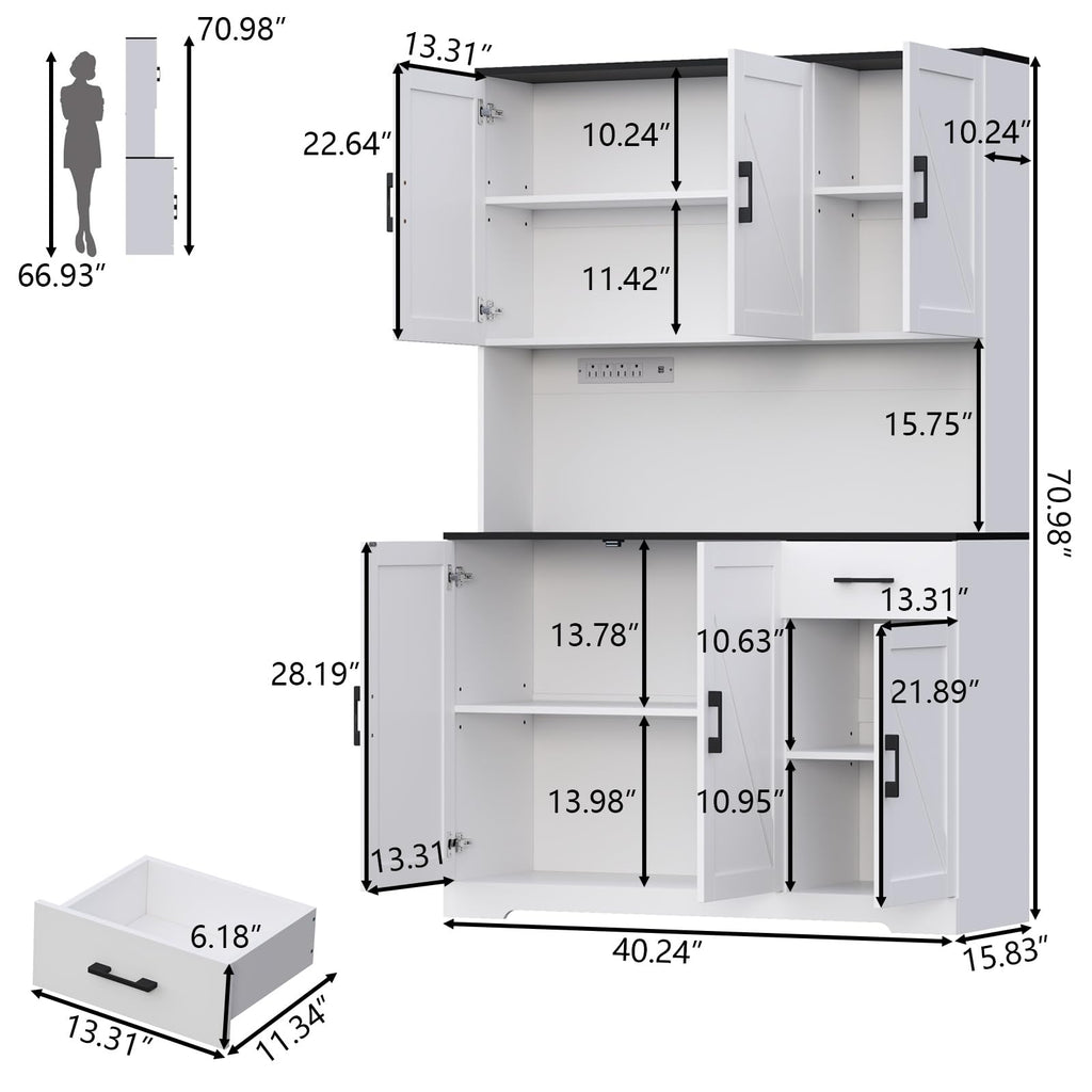 71'' Farmhouse Kitchen Pantry Cabinet, Tall Storage Cabinet with Power Outlet, Freestanding Hutch with Drawer, 4