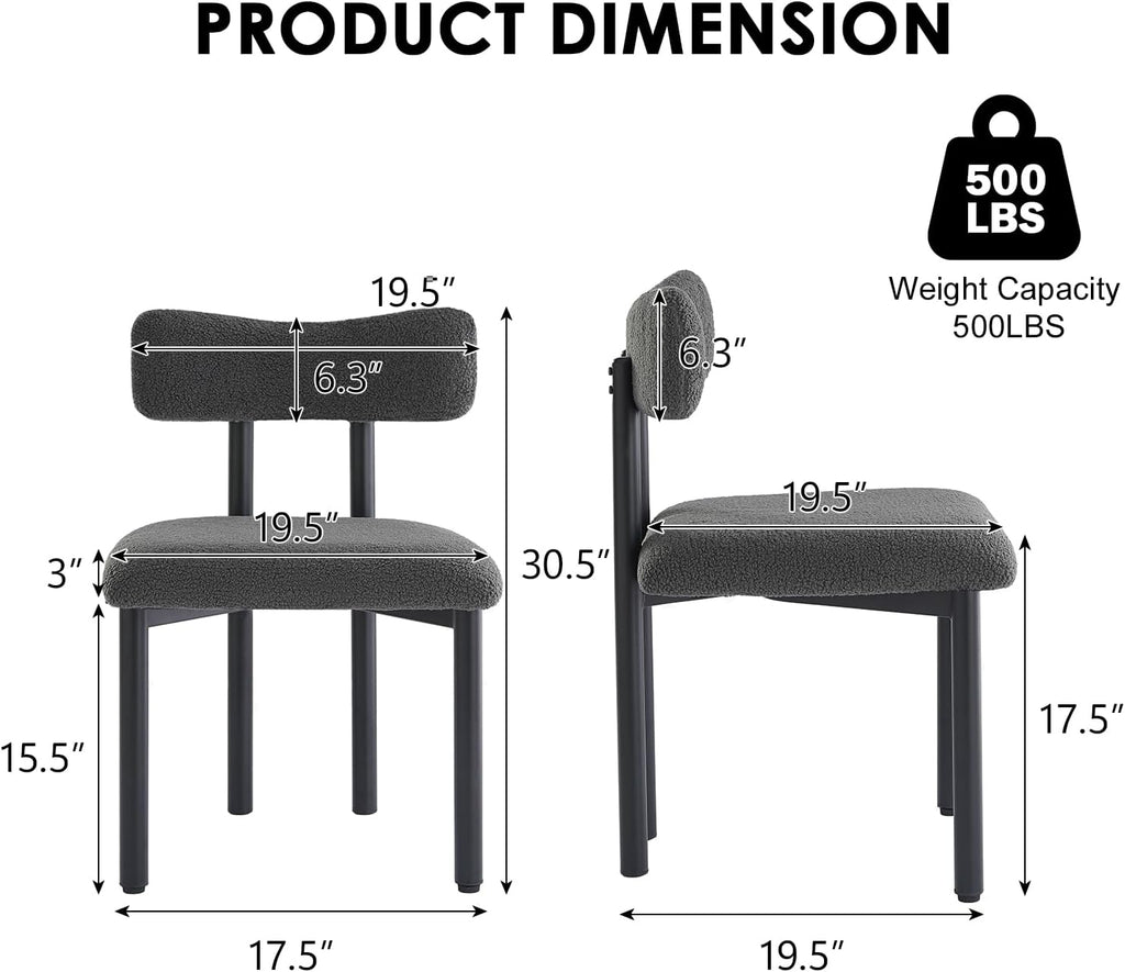 Boucle Dining Chairs Set of 2, Upholstered Kitchen Dinning Room Chair with Curved Backrest and Metal Frame