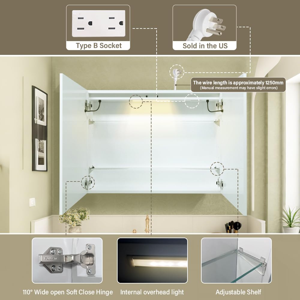 White LED Mirror Medicine Cabinets, Surface Mounted 32 x 24 Inch Bathroom Mirror Cabinet with Lights 3 Colors