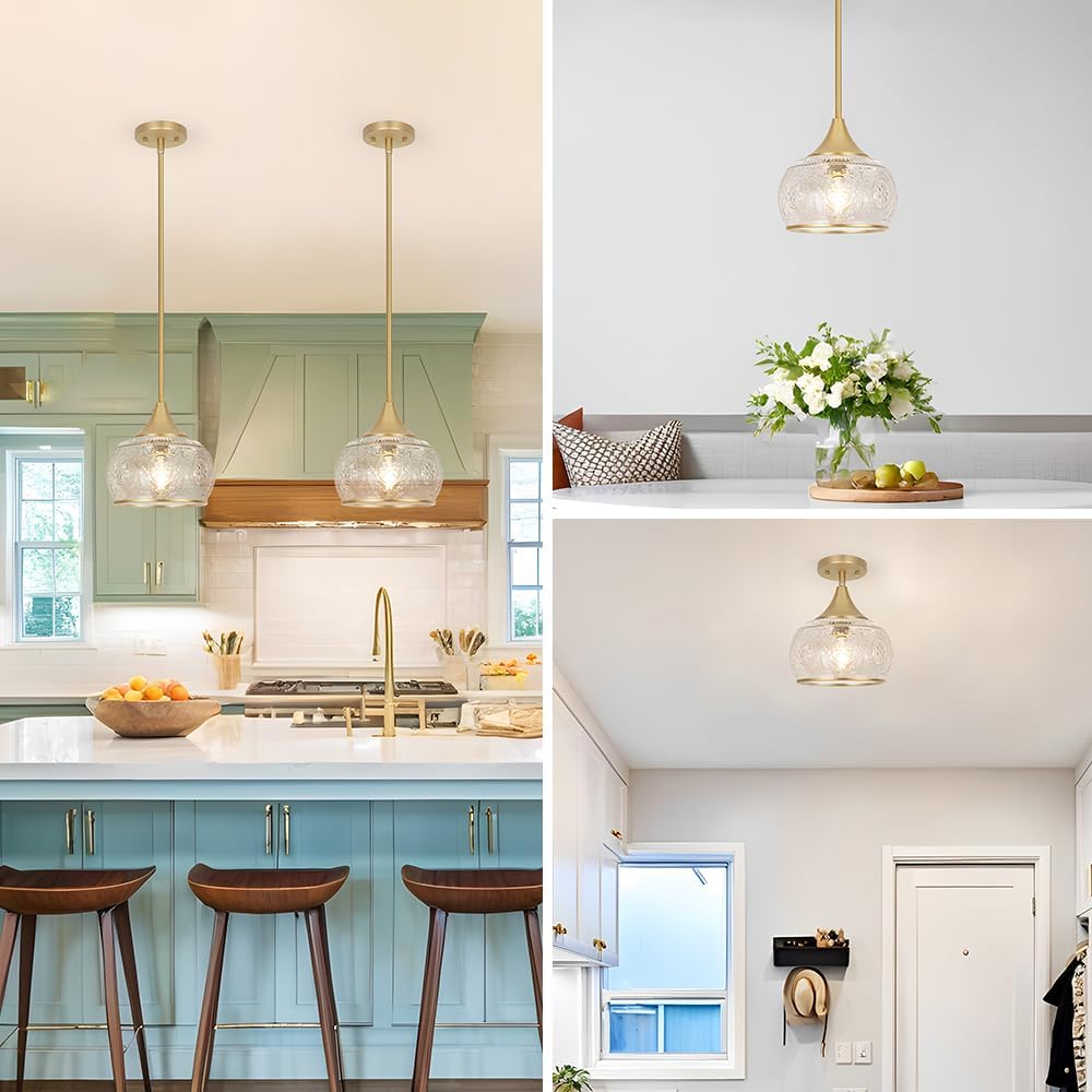Gold Pendant Light - Modern Pendant Lights Kitchen Island with Handblown Glass, Vintage Hanging Light for Kitchen