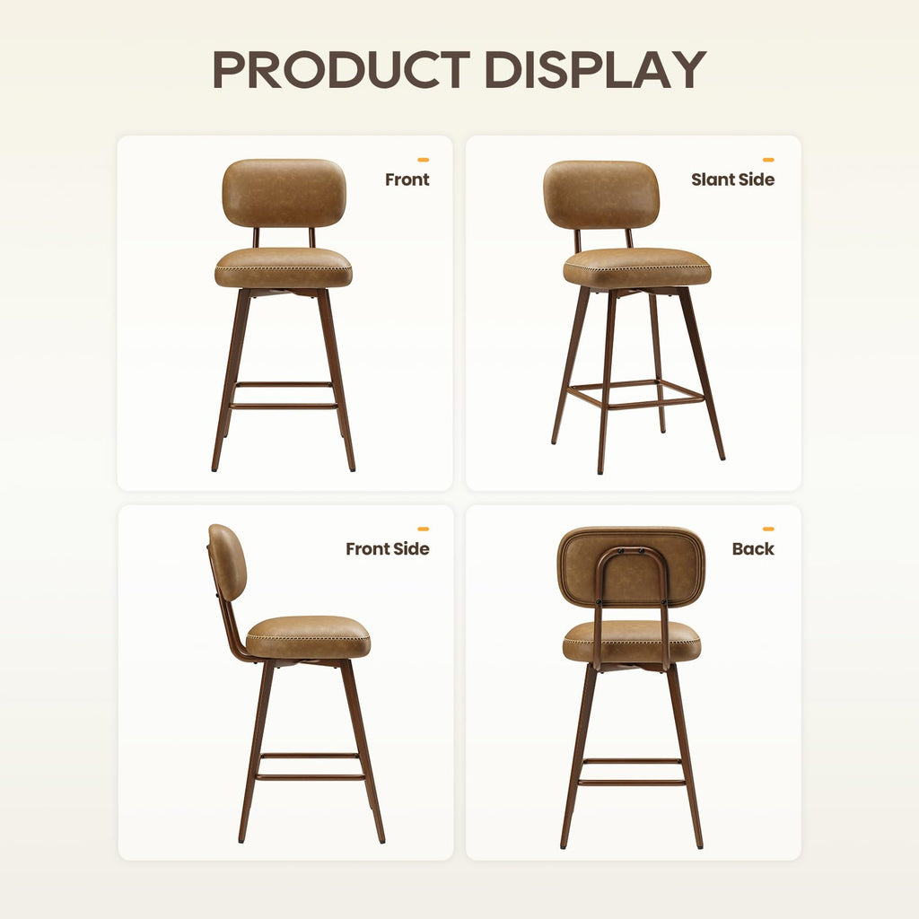 26" PU Leather Swivel Bar Stools Set of 6, Mid Century Counter Height Bar Chairs with Low Back and Metal Legs, Modern